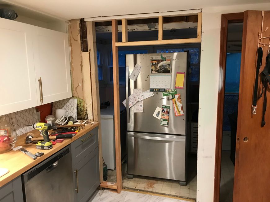 DIY kitchen remodel renovation fridge cubby refrigerator in wall custom